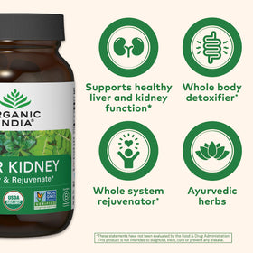 ORGANIC INDIA Nettoyage du Foie et des Reins 90 capsules sur une table