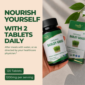 ORGANIC SPREE Barley Grass 120 Tablettes avec une main tenant une tablette