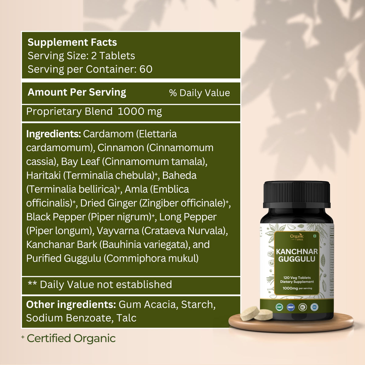 ORGANIC SPREE Kanchnar Guggulu comprimés sur une table en bois