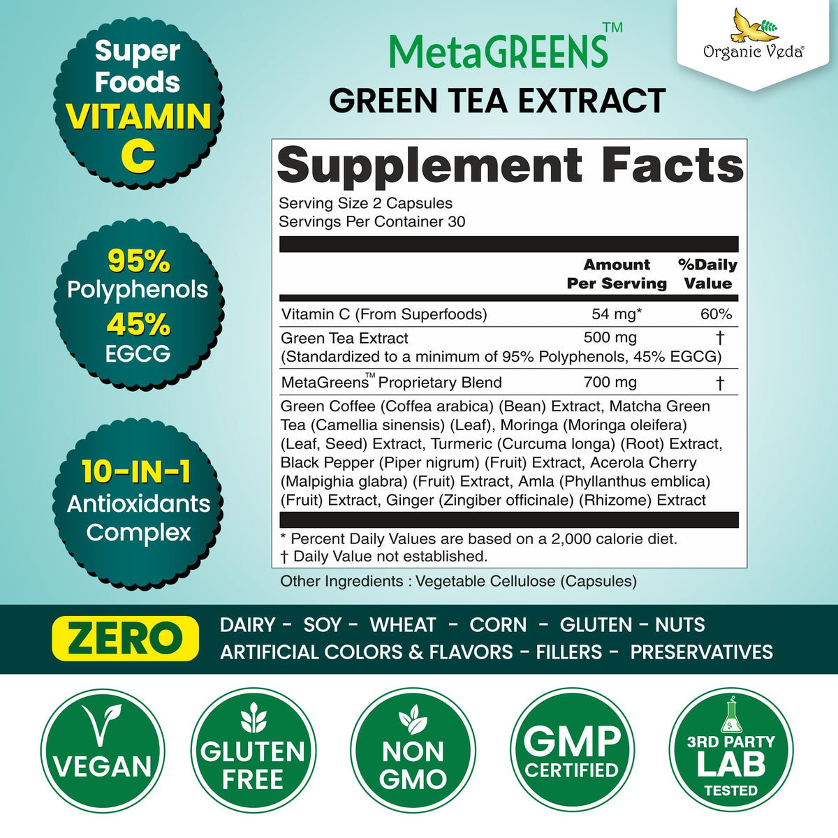 Organic Veda Extrait de Thé Vert Matcha Moringa avec ingrédients naturels