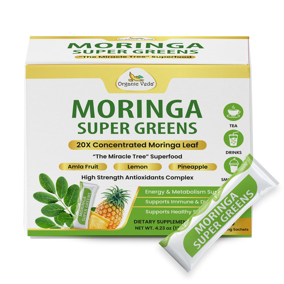 Organic Veda Moringa Amla Greens 30 sachets en boîte