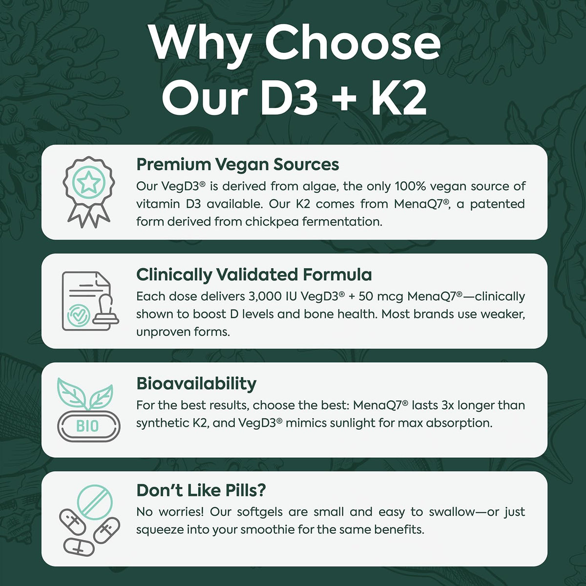 Organics Ocean Better D3 + K2 étiquette détaillant les spécifications