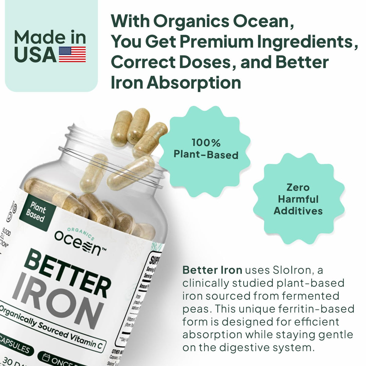 Organics Ocean Better Iron 10mg capsule and bottle