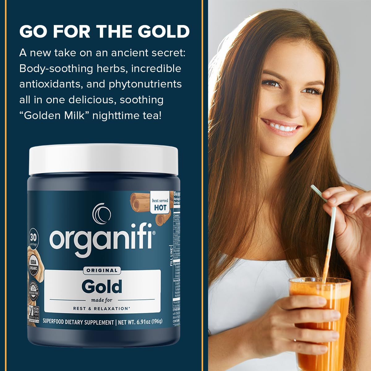 Organifi Gold Thé au Curcuma et Gingembre - mesure de poudre dans un verre