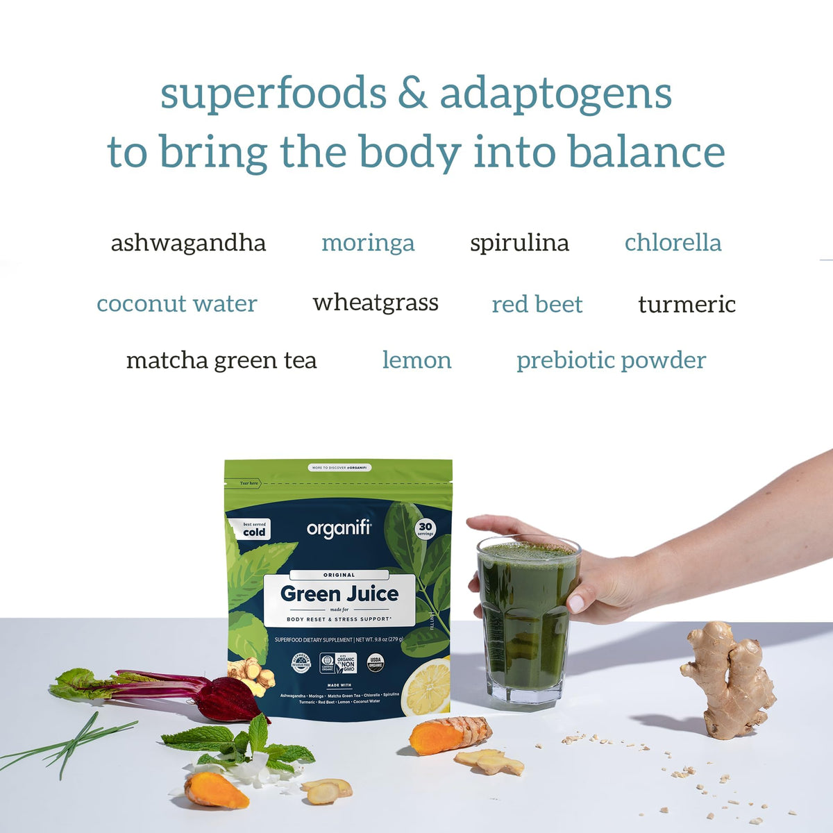 Organifi Green Juice poudre super-aliment en portion dans un bol