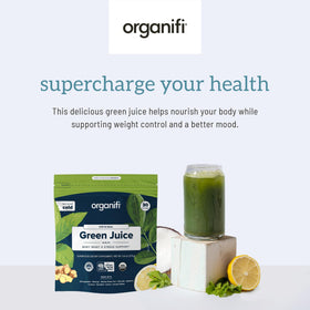 Organifi Green Juice poudre super-aliment en préparation dans un verre
