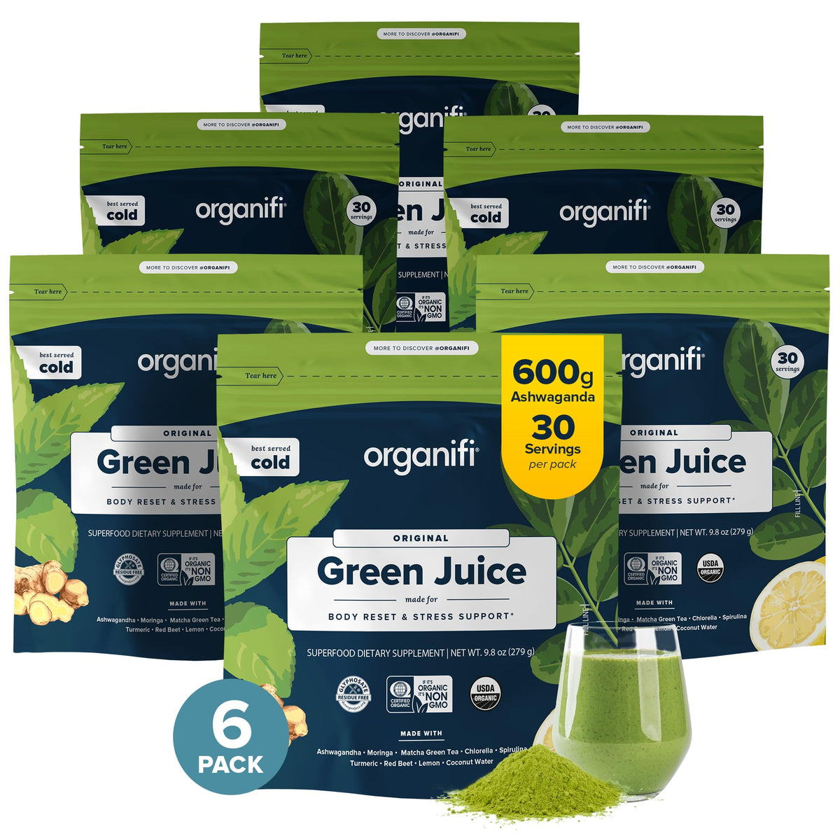 Organifi Green Juice poudre super-aliment vue de face avec emballage