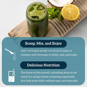 Organifi Green Juice sur une table avec des fruits
