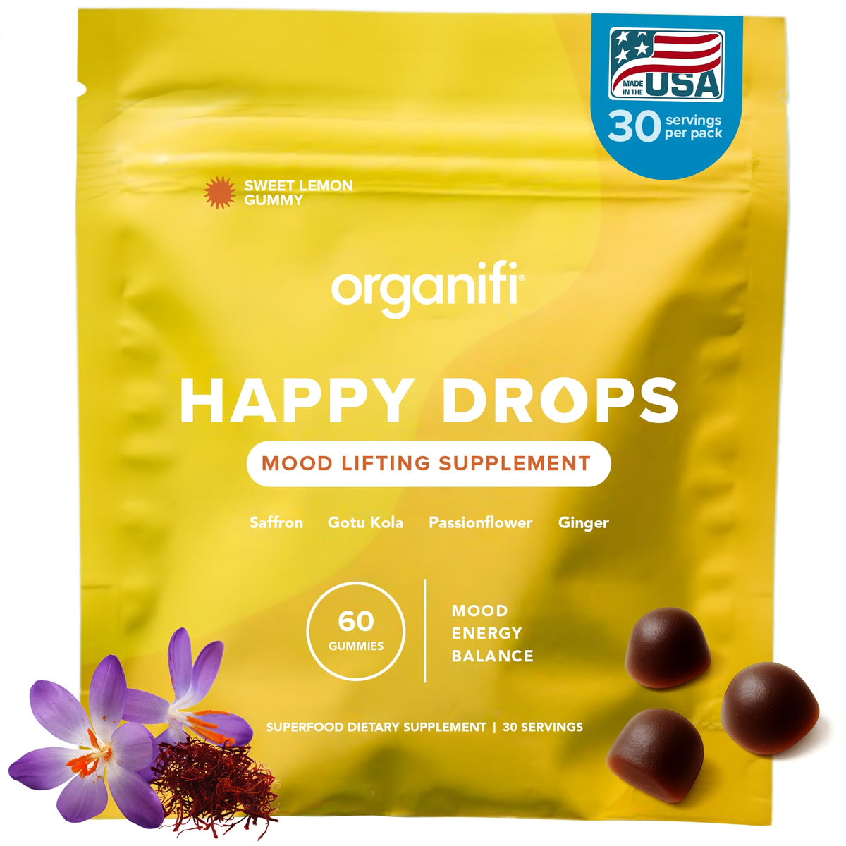 Organifi Happy Drops bonbons au safraan 60 gummies vue avant
