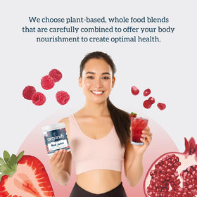 Organifi Red Juice 340g sur une table avec des ingrédients naturels