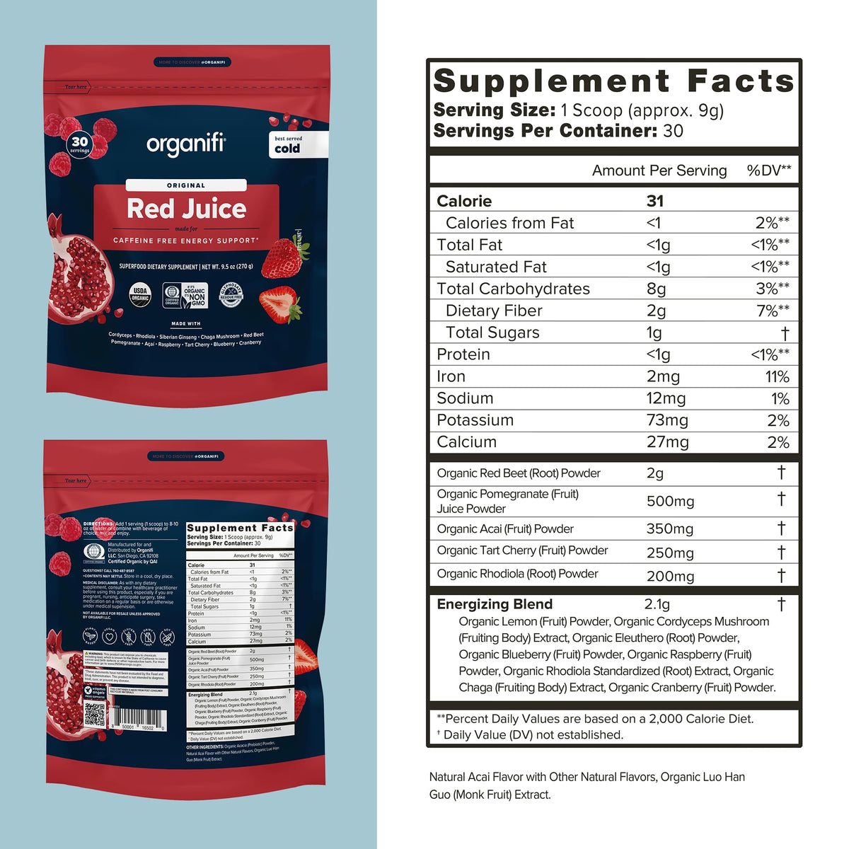 Organifi Red Juice emballage avec informations nutritionnelles