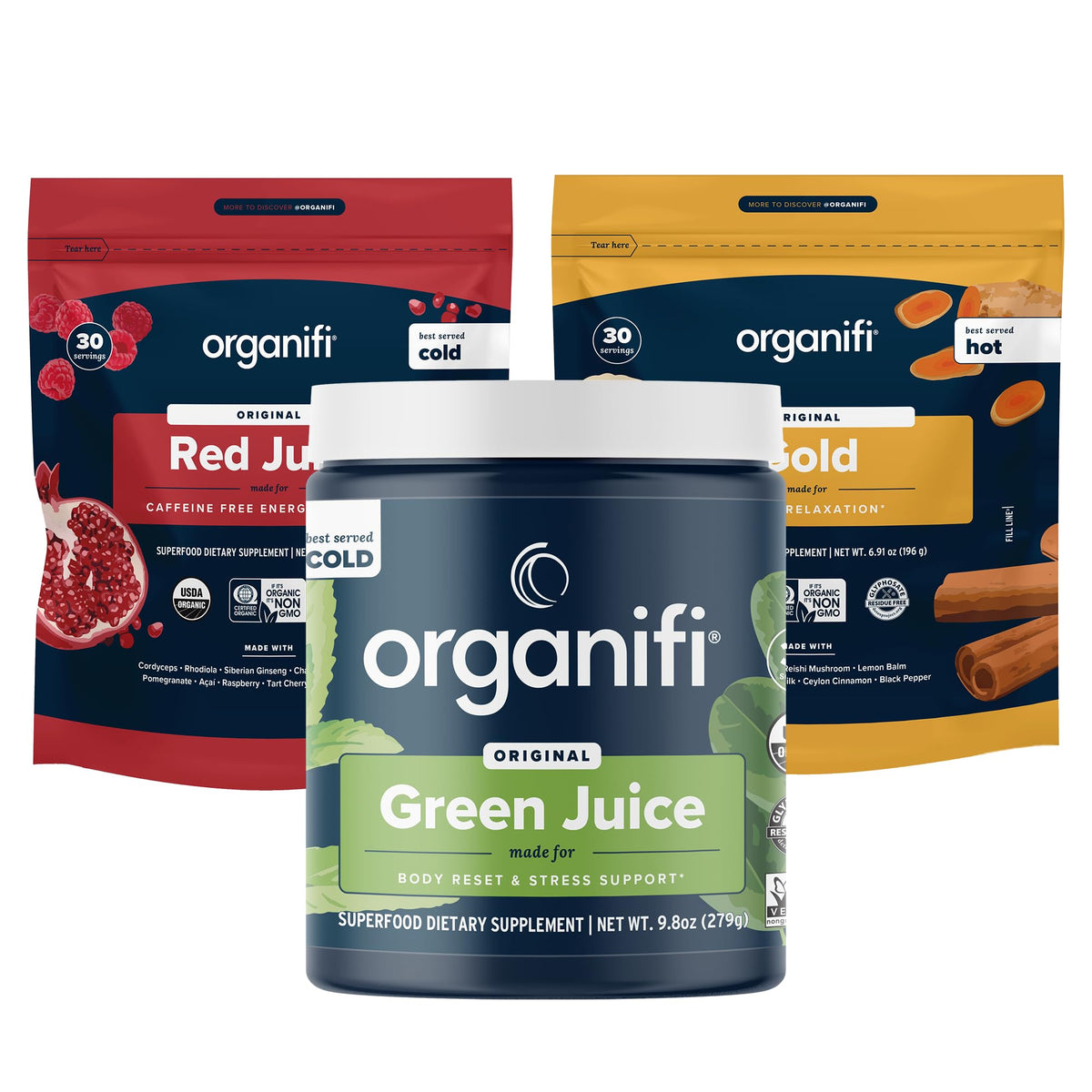 Organifi Sunrise to Sunset Power Box vue de face avec les trois mélanges