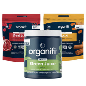 Organifi Sunrise to Sunset Power Box vue de face avec les trois mélanges