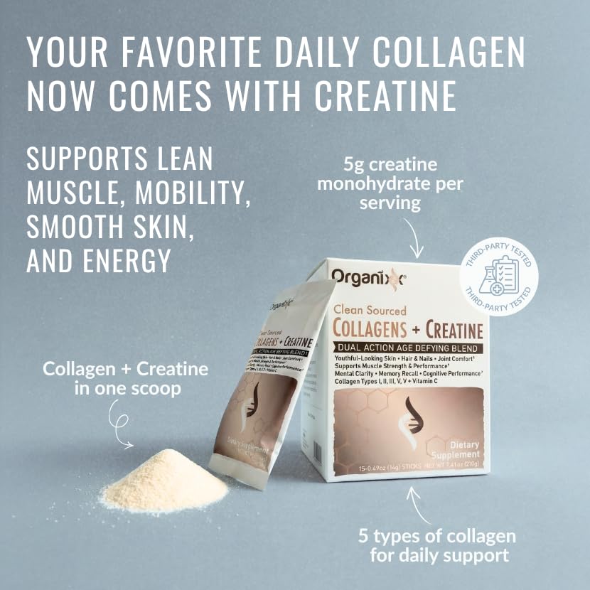 Organixx Collagen Peptides + Creatine stick pack on a kitchen counter