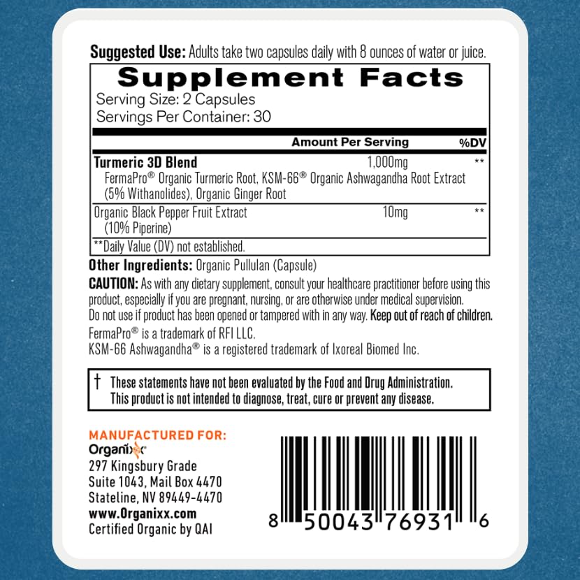 Organixx Curcuma Curcumin Bio gélules avec étiquette