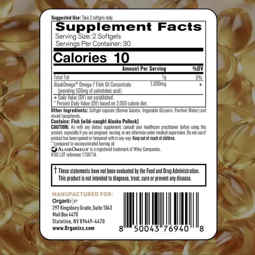 Organixx Omega-7 Radiant Skin 500 mg gélules arrière, ingrédients