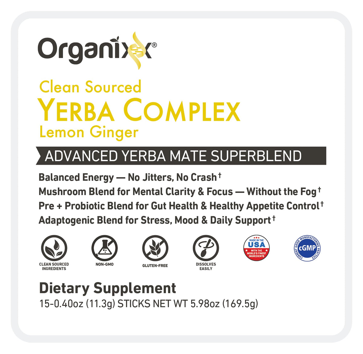 Organixx Yerba Complex avec des ingrédients naturels en arrière-plan