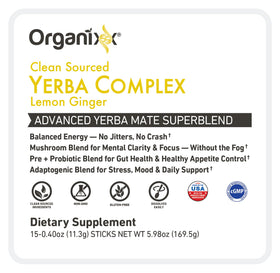 Organixx Yerba Complex avec des ingrédients naturels en arrière-plan