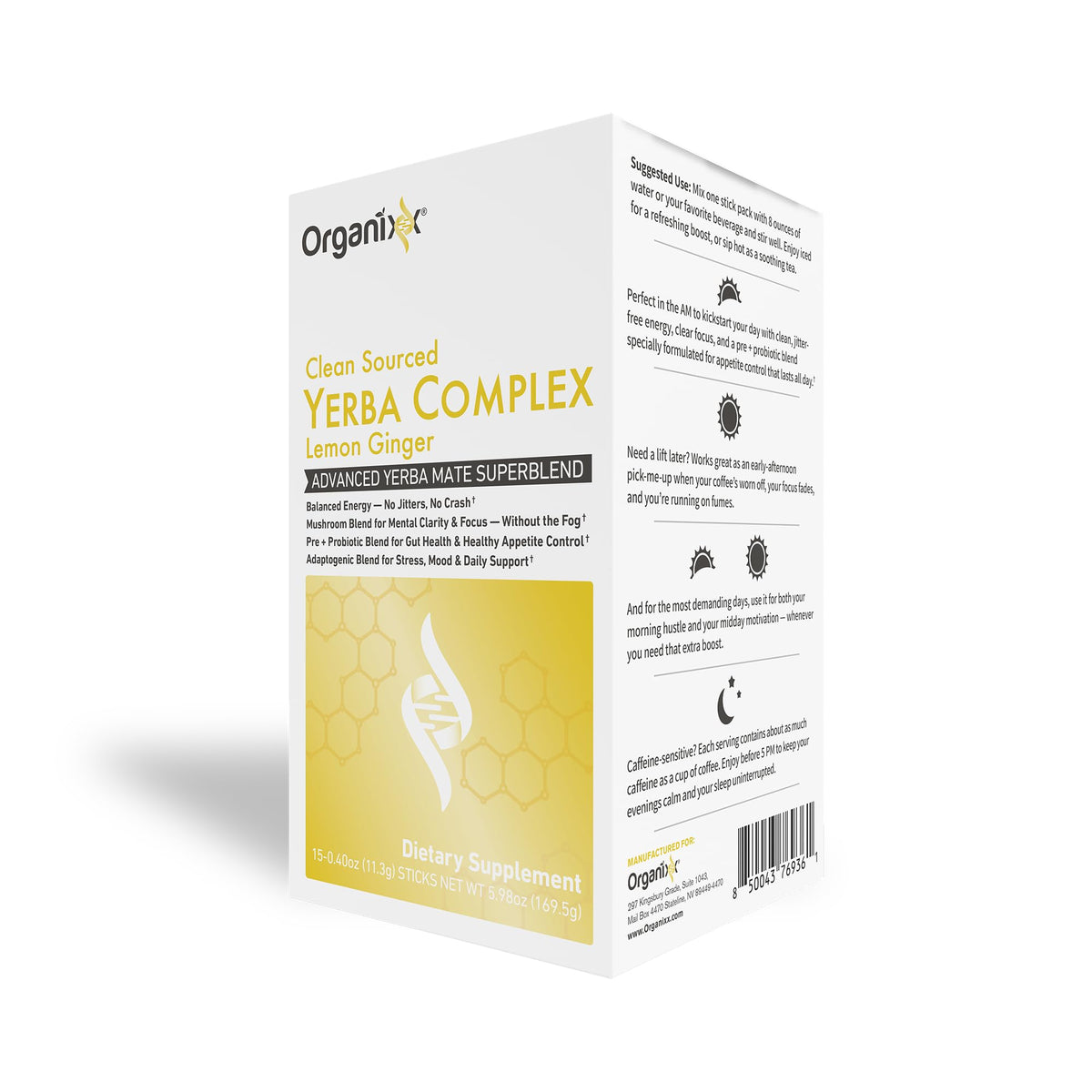 Organixx Yerba Complex boisson énergisante au citron et gingembre, paquet de 15 sachets