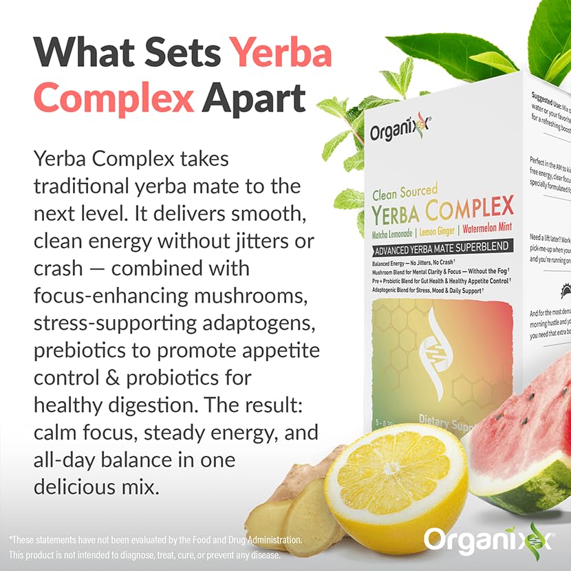 Organixx Yerba Complex ingrédients naturels sur fond blanc