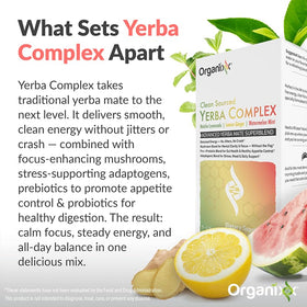 Organixx Yerba Complex ingrédients naturels sur fond blanc