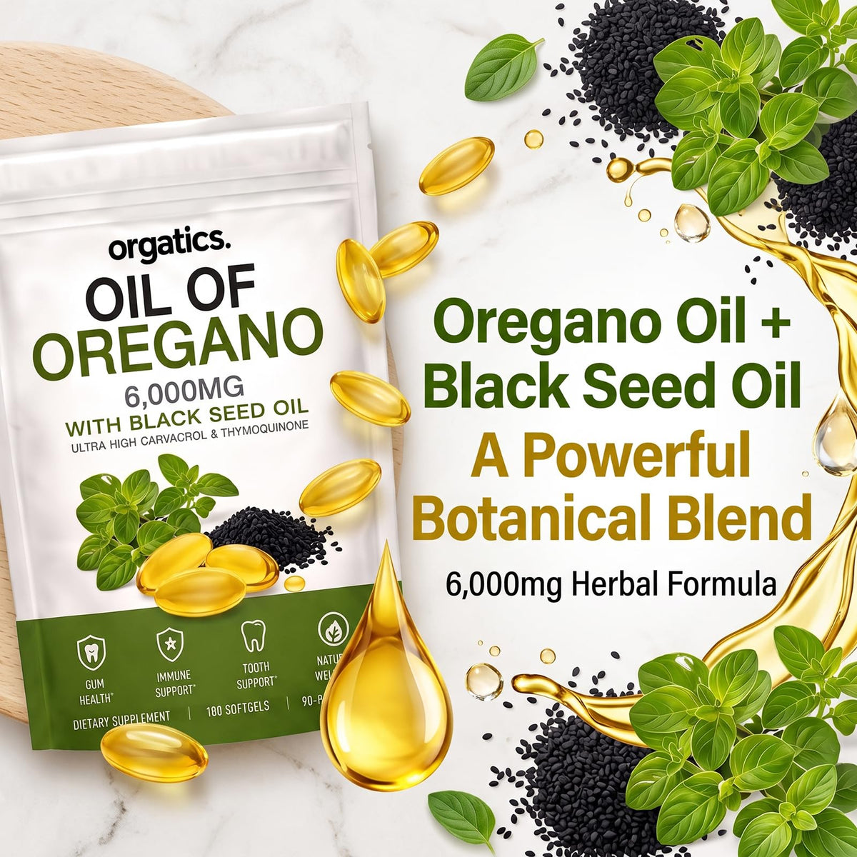 Orgatics Oil Huile d'Origan 6 000 mg gélules à côté du flacon