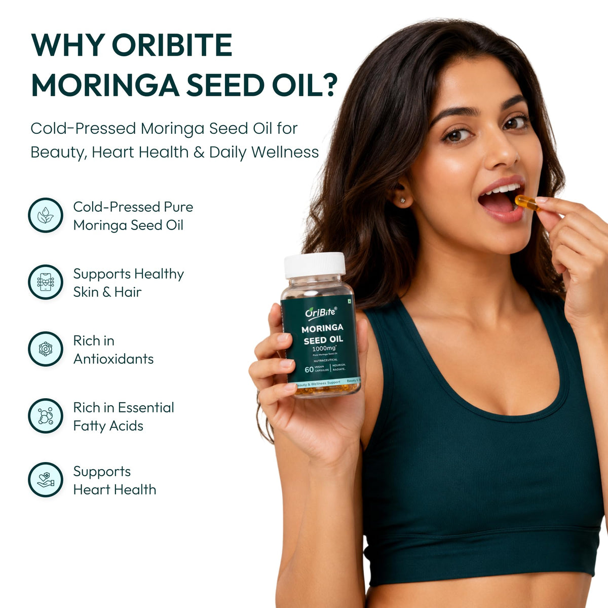 ORIBITE Huile de Graines de Moringa 1000mg capsules à l'intérieur de la boîte