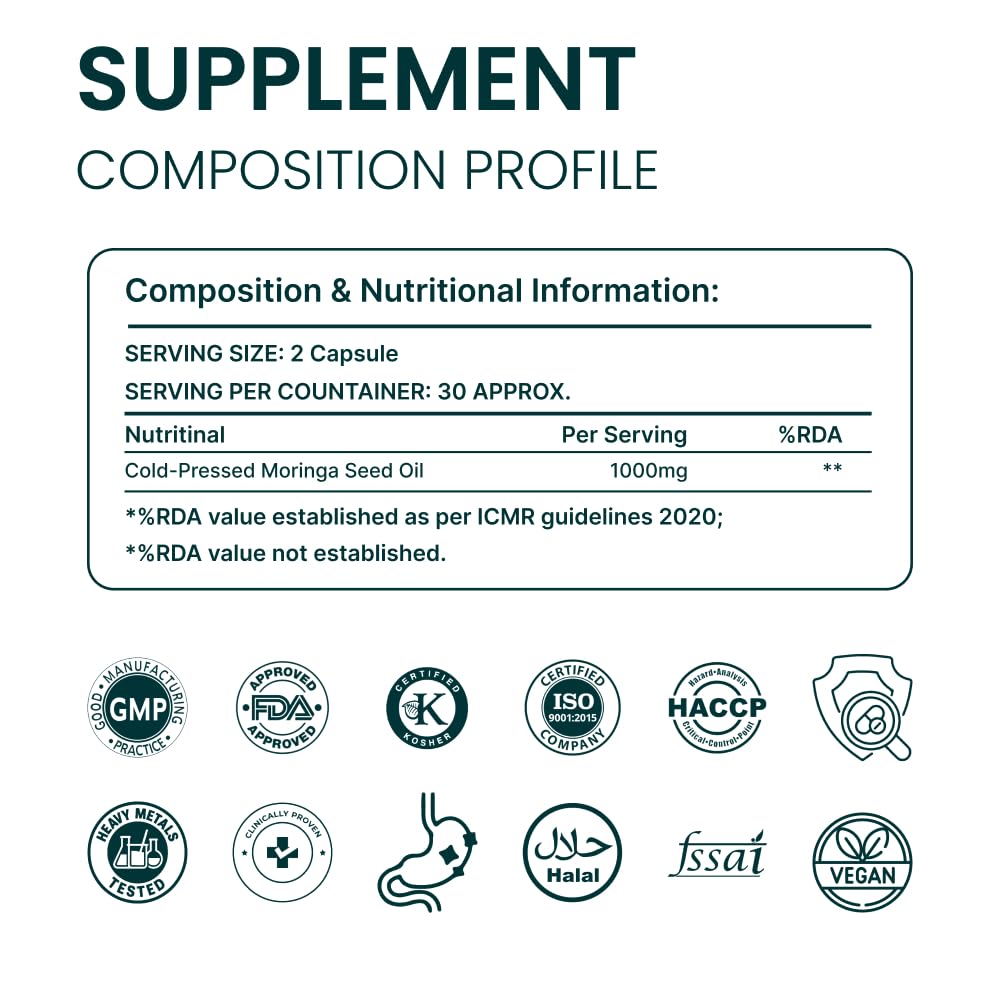 ORIBITE Huile de Graines de Moringa 1000mg capsules ouvertes montrant le contenu