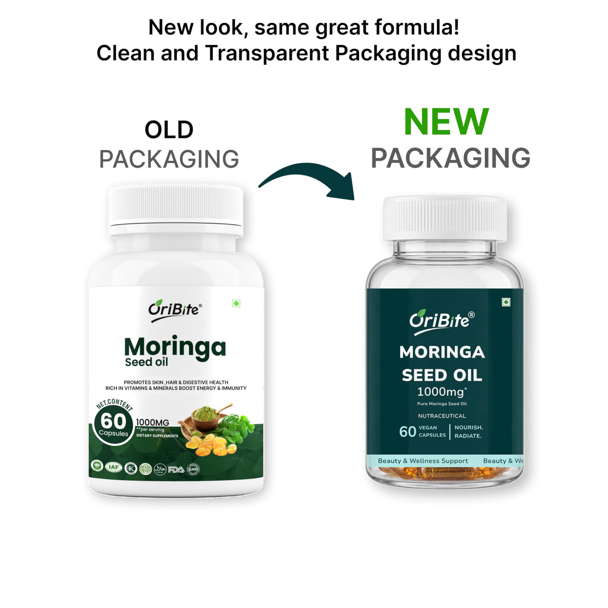 ORIBITE Huile de Graines de Moringa 1000mg capsules sur une table en bois