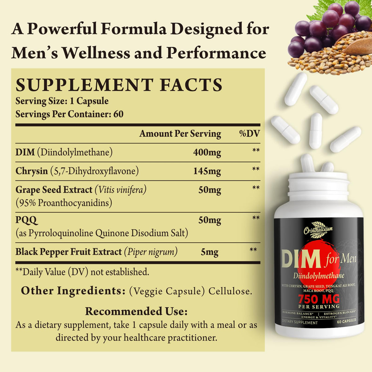 Orinthalixium DIM pour Hommes 750MG capsules sur une table
