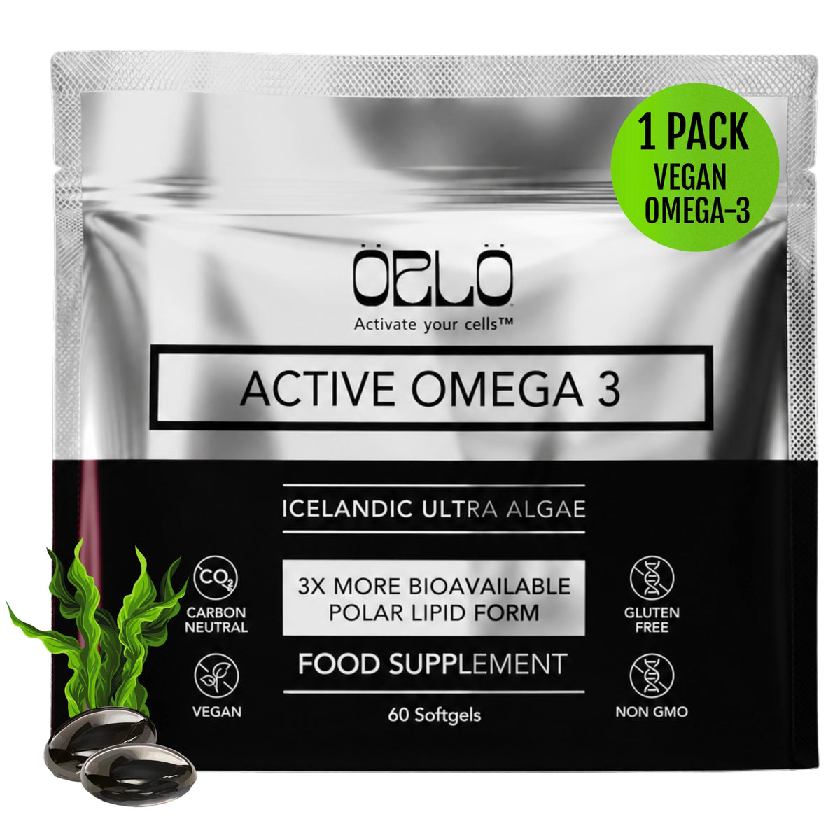 Orlo Huile d'Algue Omega 3 1000mg flacon avant vue