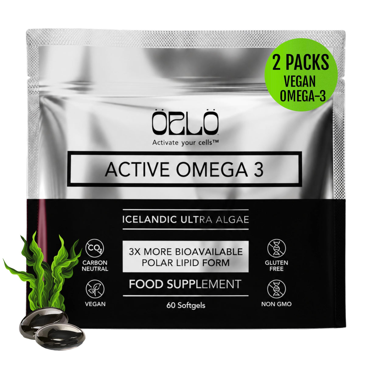 Orlo Huile d'Algue Végétale Omega 3 1000mg vue avant
