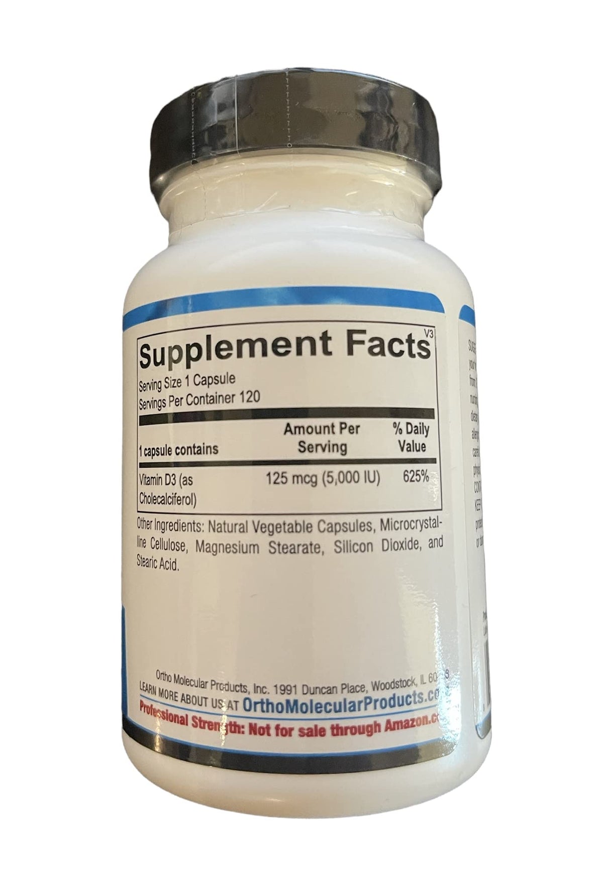 Ortho Molecular Products Vitamine D3 5000 IU 120 capsules arrière de l'emballage