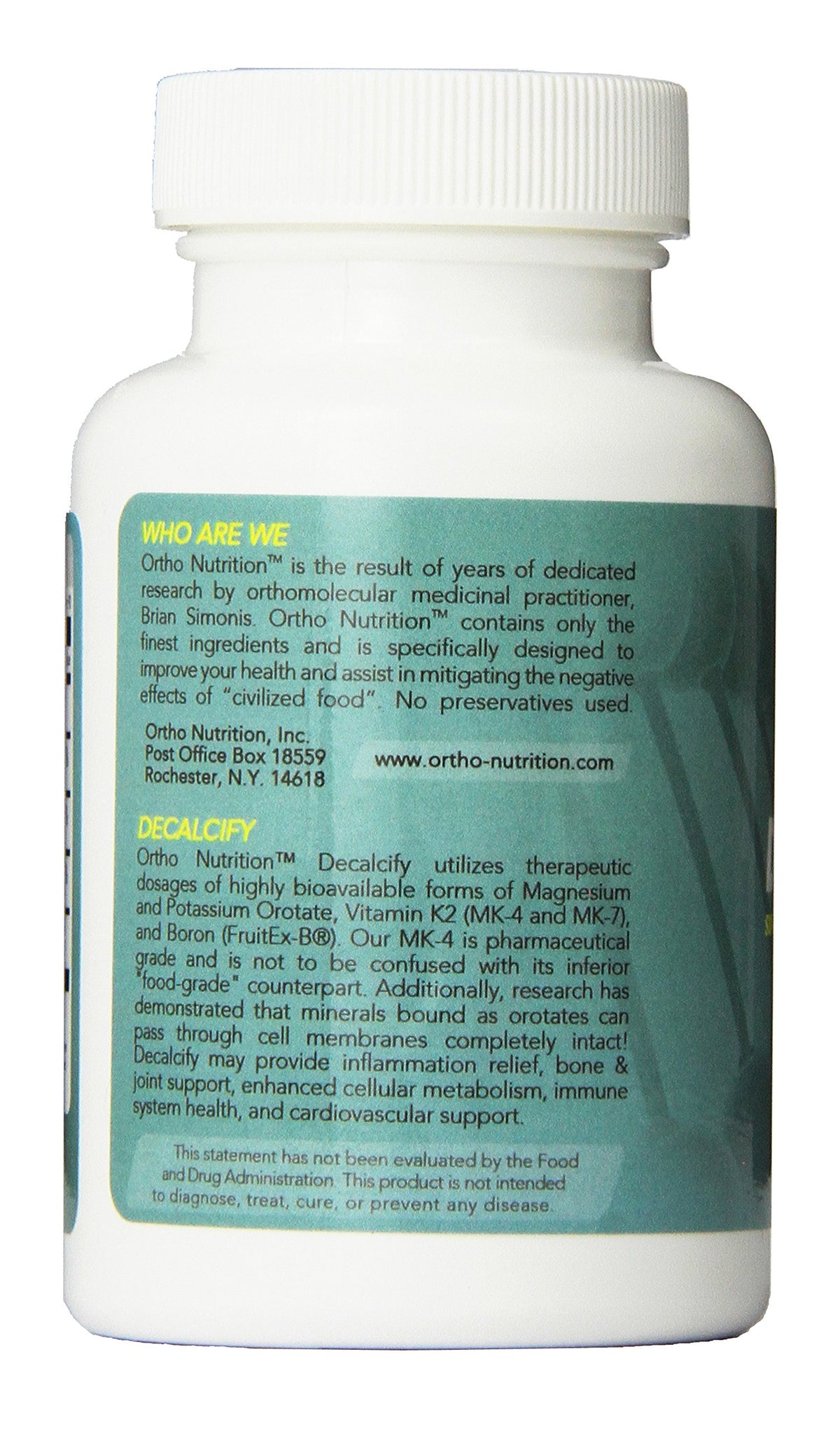 Ortho Nutrition Decalcify étiquette montrant la composition