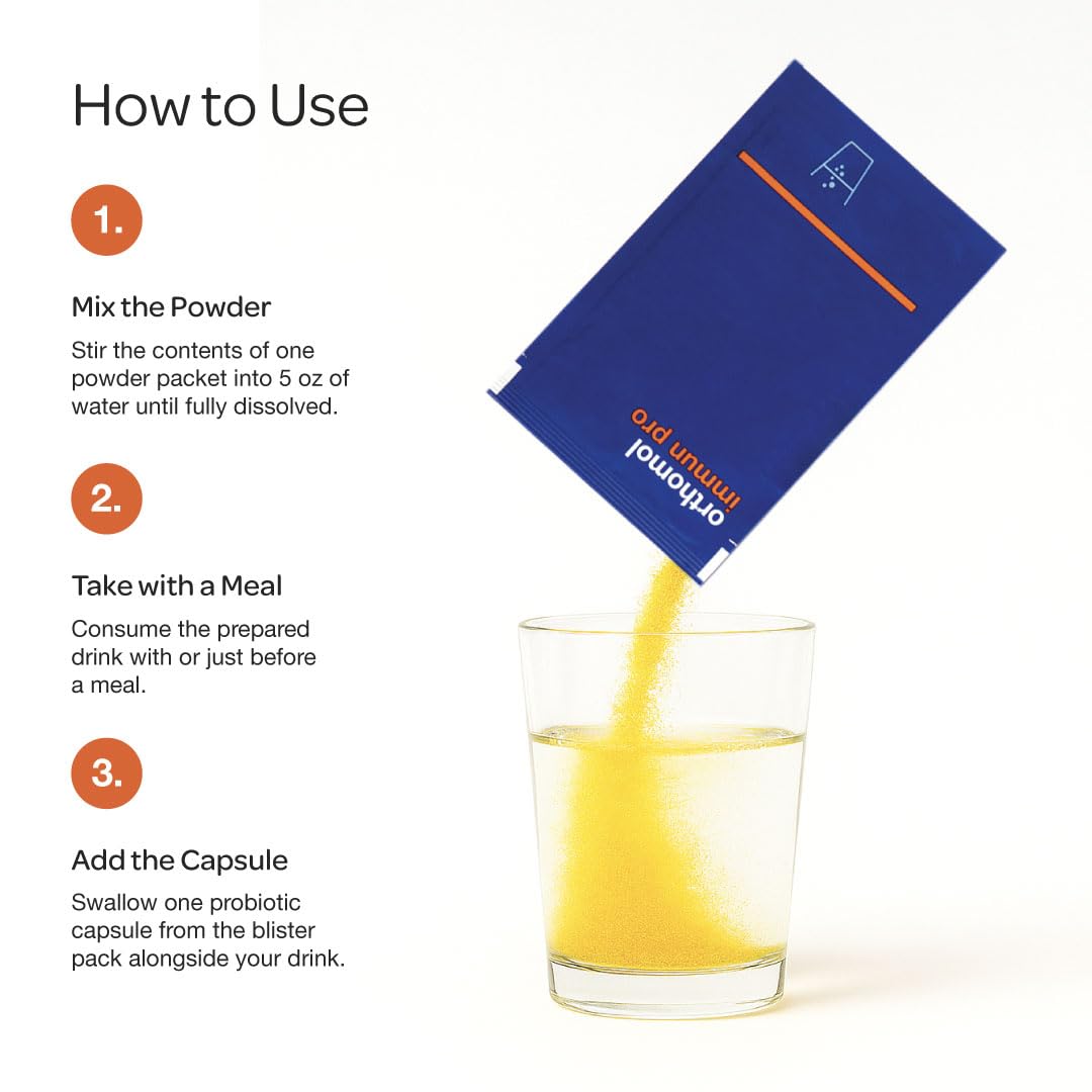 Orthomol daily wellness Pro poudre et capsules à côté d'un verre d'eau