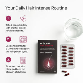 Orthomol Hair Intense capsules sur une table avec un verre d'eau