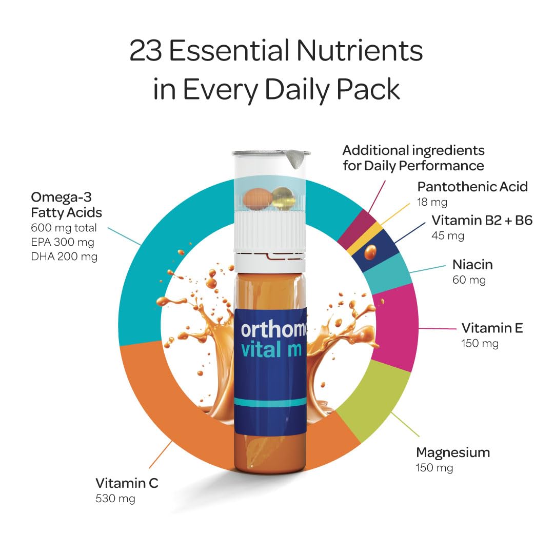 Orthomol Vital M, capsules et liquide oméga-3 dans un pack quotidien