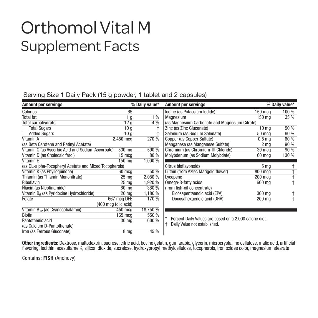 Orthomol Vital M sachets de poudre pour hommes, présentation des doses