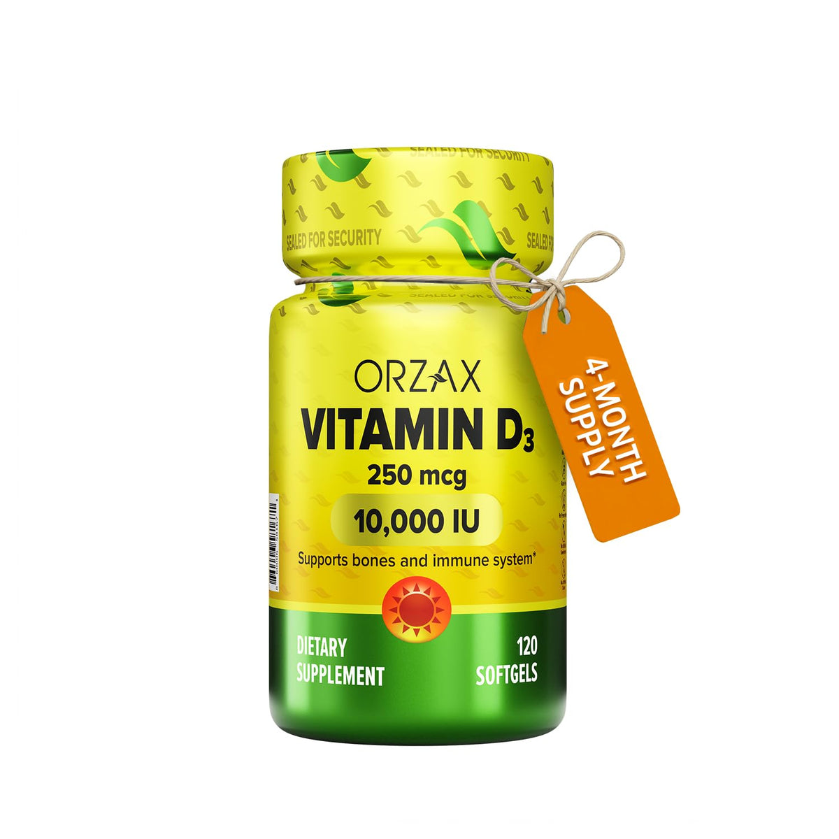ORZAX Vitamine D3 10000 IU 120 gélules softgel vue de face