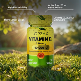 ORZAX Vitamine D3 10000 IU gélules softgel sur une table
