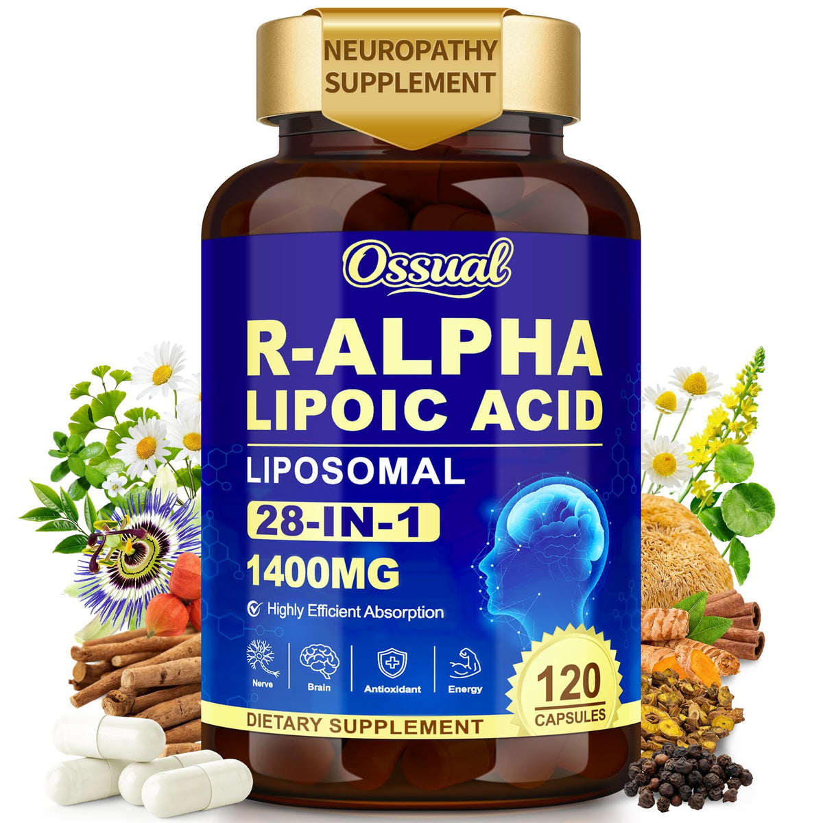 Ossual R-Alpha Lipoïque 1400mg 120 capsules, vue de face