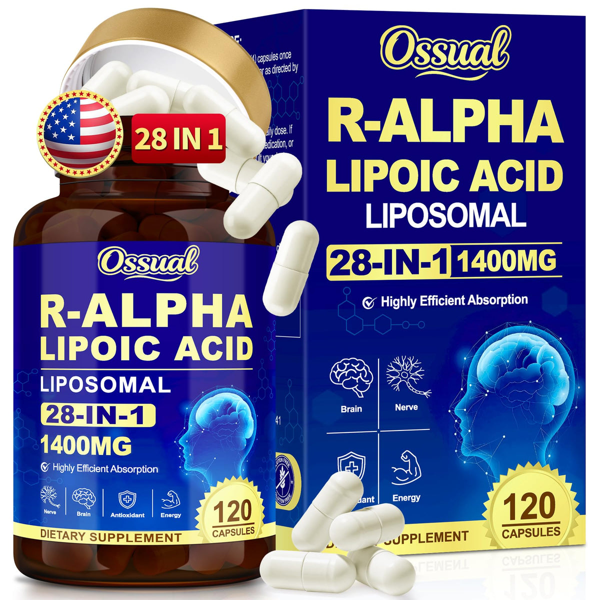 Ossual R-Alpha Lipoïque 28-en-1 120 capsules vue de face