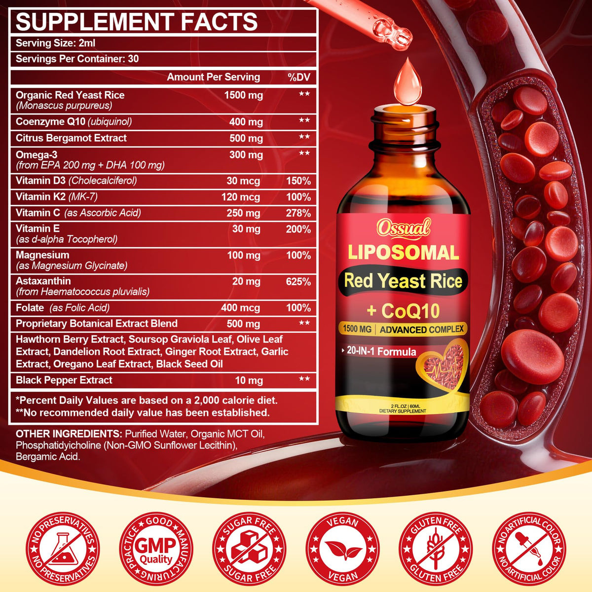 Ossual Riz Rouge 1500mg avec CoQ10 flacon sur une table en bois
