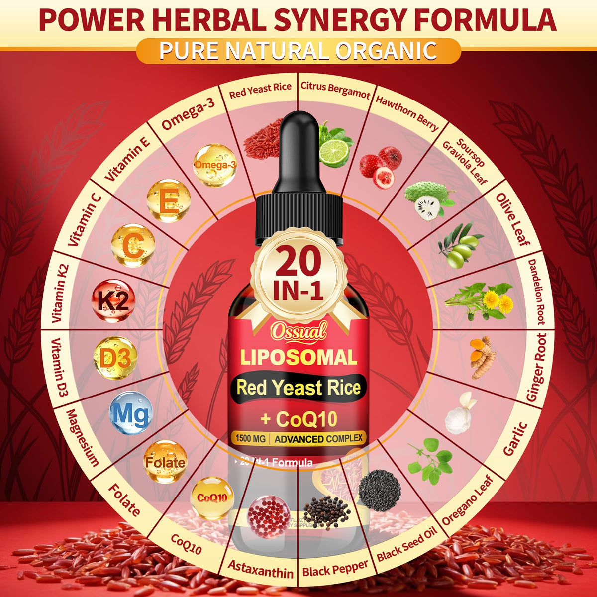 Ossual Riz Rouge 1500mg avec CoQ10 gouttes dans un verre