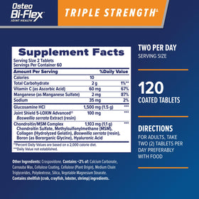 Osteo Bi-Flex Triple Strength emballage avec informations nutritionnelles