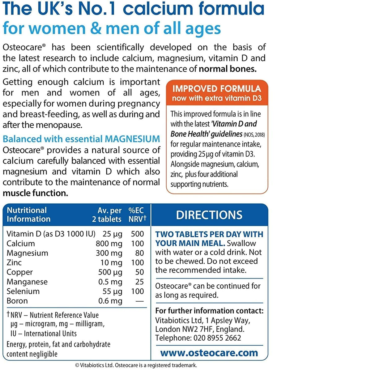 Osteocare Calcium 800mg 90 tablettes sur fond neutre