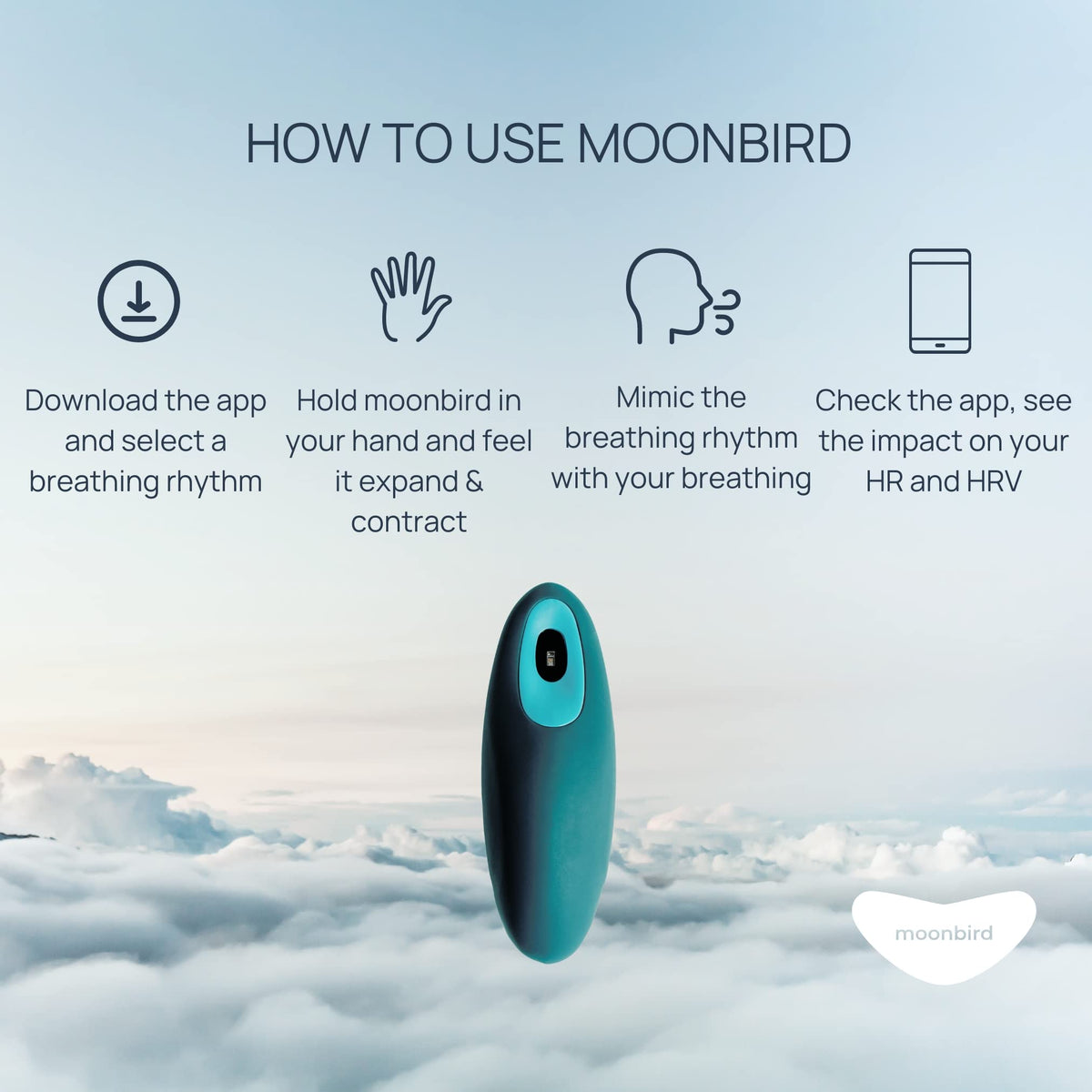 Outil de respiration moonbird bleu vert dans une main