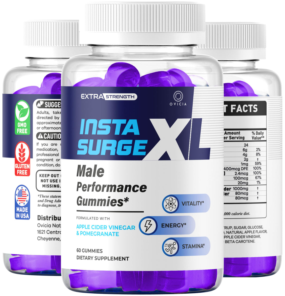 OVICIA Insta Surge XL Gummies pot de 60 gummies sur fond neutre