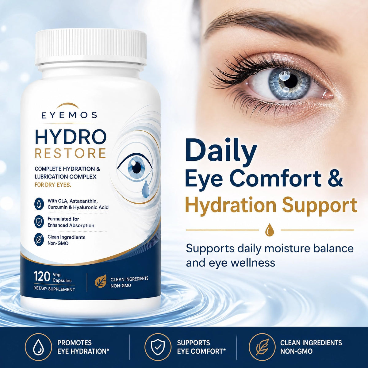 Ovofem Eyemos Hydro Restore avec étiquette et dosage