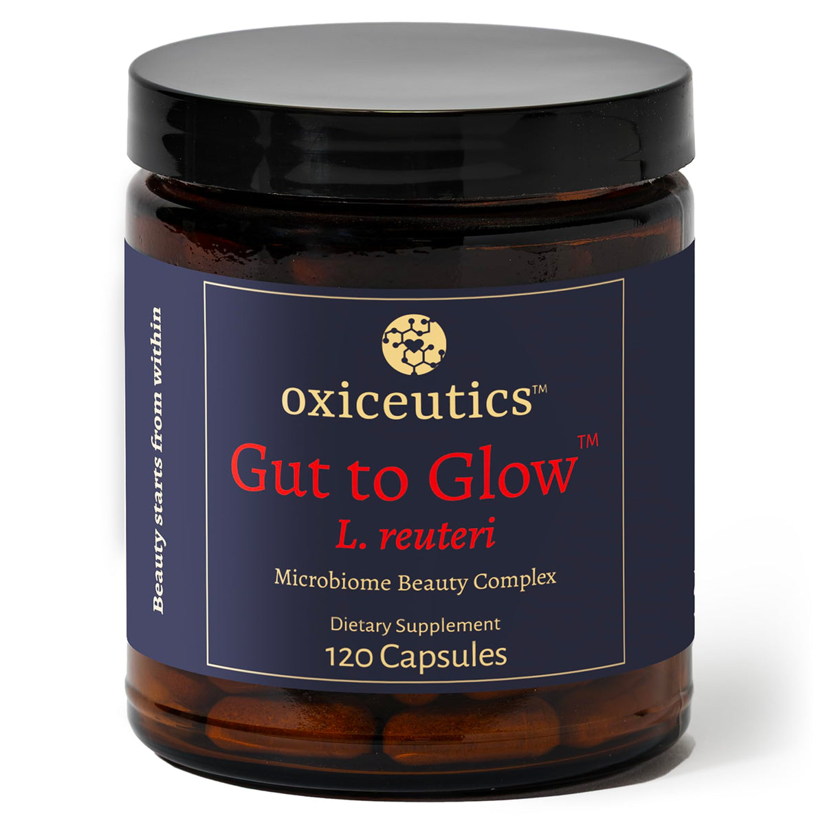 Oxiceutics Gut to Glow L. reuteri capsules 120 count front view